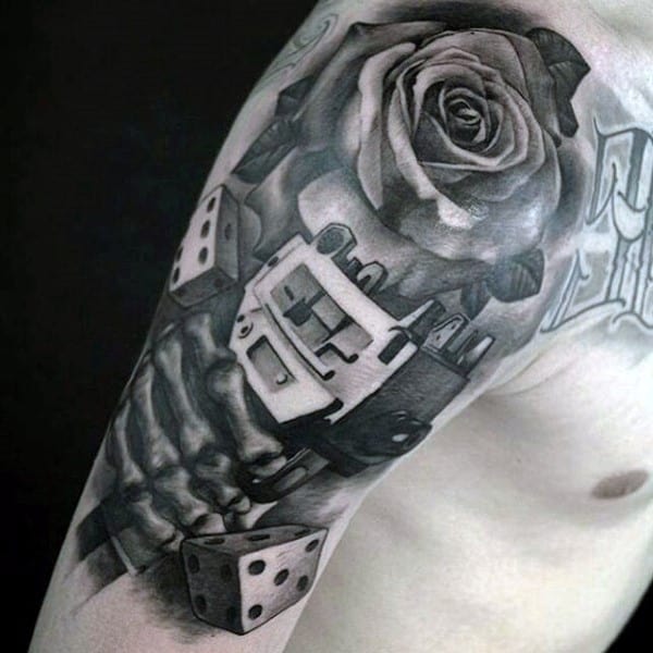 Skull Holding Gun With Rose Flower And Dice Guys Chicano Half Sleeve Shaded Tattoos