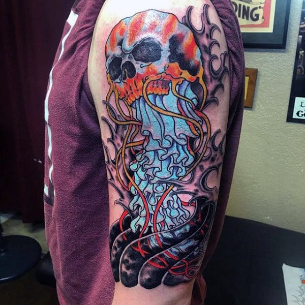 Skull Jellyfish With Yellow Black Jellyfish Tattoo Male Upper Arms