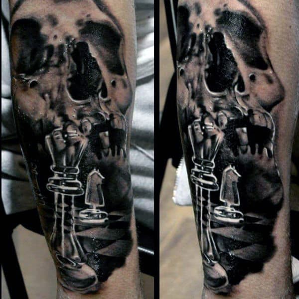 Skull King Chess Piece White And Black Ink Mens Forearm Tatoos