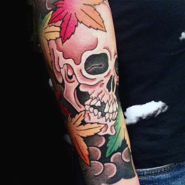 Skull Maple Leaf Guys Forearm Sleeve Tattoo Ideas