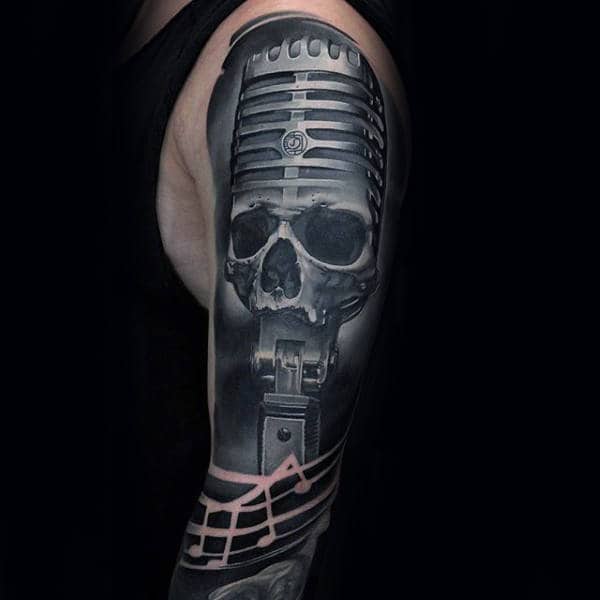 Skull Microphone With Negative Space Notes Mens Music Sleeve 3d Realisic Tattoos