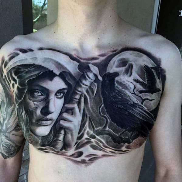 Skull Moon With Female Portrait Guys Badass Upper Chest Tattoo