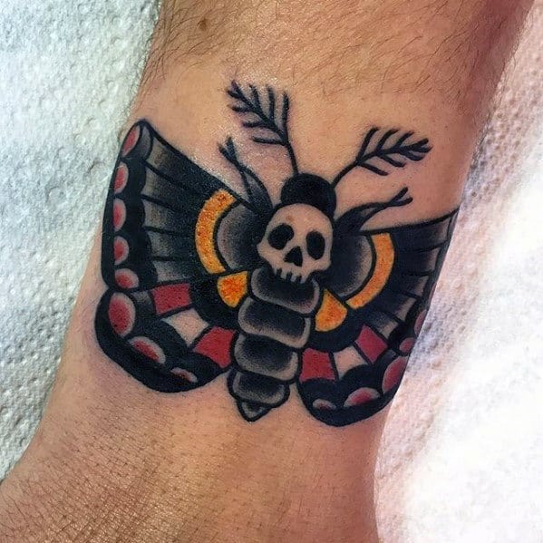 Skull Moth Mens Small Traditional Wrist Tattoos