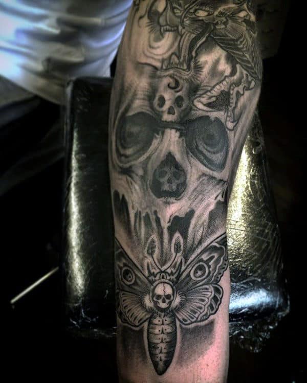 Skull Moth Tattoo On Gentleman Forearm Sleeve Design