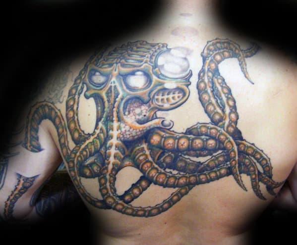 Skull Octopus Guys Unique Upper Back Tattoo