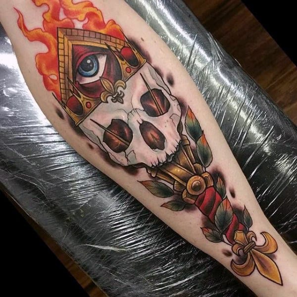 Skull Orange Blast Illuminati Tattoo For Males Forearms