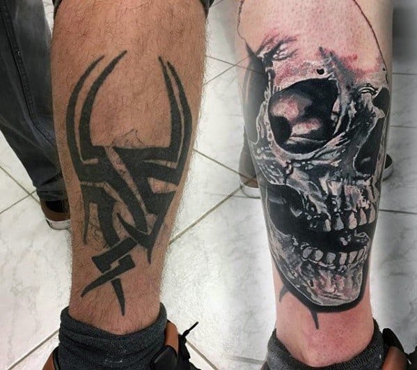 Skull Over Tribal Cover Up Leg Tattoos For Men With 3d Design