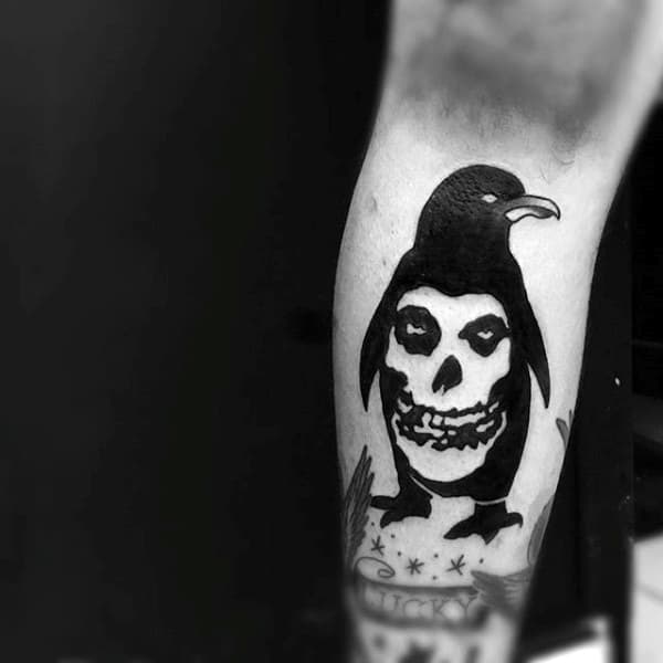 Skull Penguin Male Lower Leg Black Ink Tattoo Design Inspiration