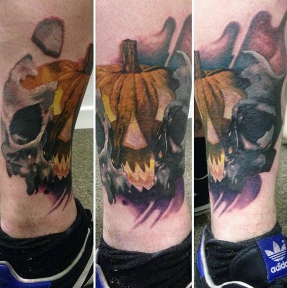 Skull Pumpkin Mens Watercolor Leg Tattoo