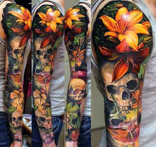 Skull Realistic 3d Lotus Flower Full Sleeve Mens Colorful Tattoos