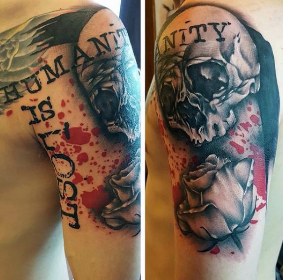 Skull Rose Trash Polka Upper Arm Tattoos For Males