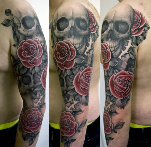 Skull Roses And Thorns Mens Half Sleeve Tattoos