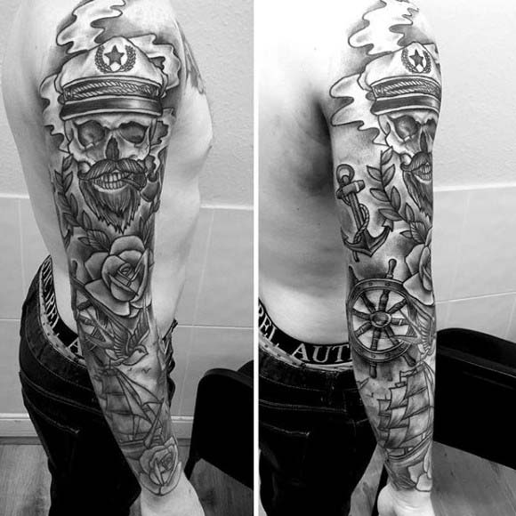 Skull Sailor With Rose And Ship Wheel Mens Nautical Sleeve Tattoo
