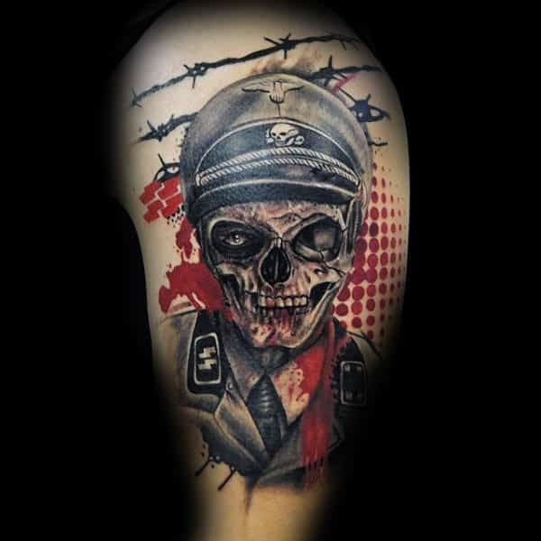 Skull Solider Trash Polka Tattoo On Mans Upper Arm