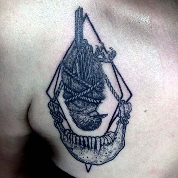 Skull Teeth With Bird Abstract Woodcut Mens Chest Tattoos