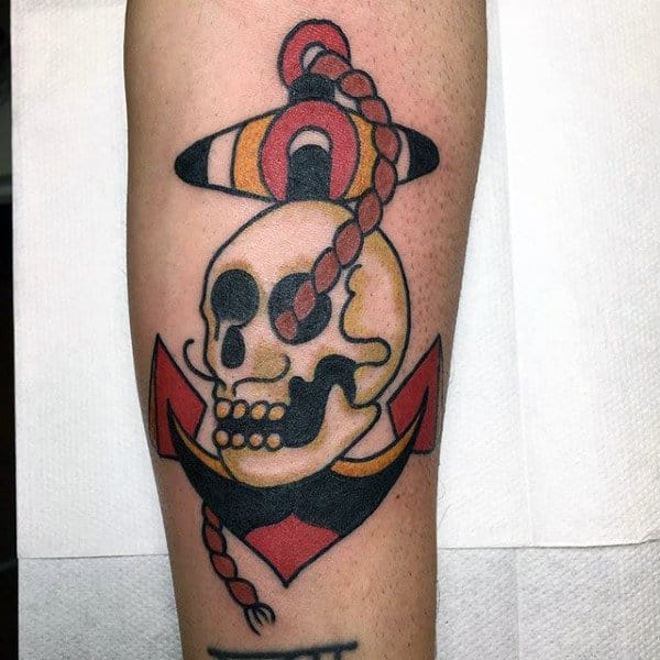 Skull Traditional Anchor Mens Forearm Tattoo Design Inspiration