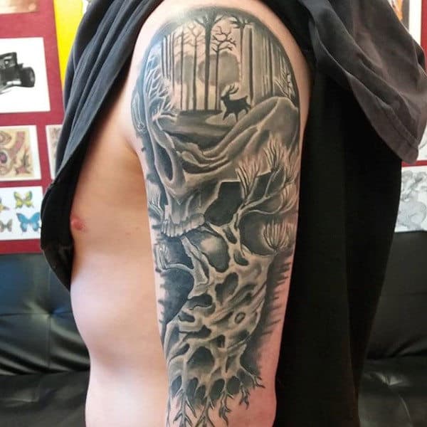 Skull Tree Half Sleeve Mens Tattoo