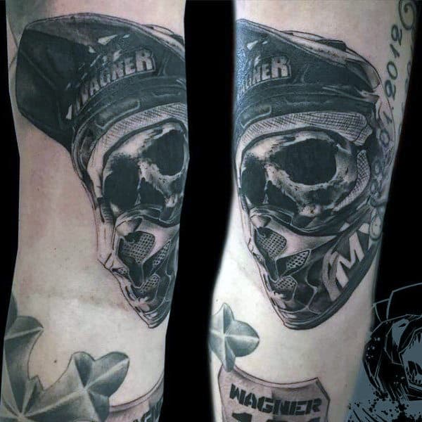 Skull Wearing Motocross Helmet Guys Arm Tattoo