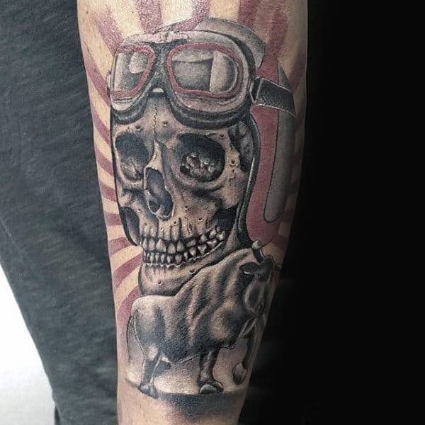 Skull Wearing Motorcycle Helmet And Goggles Male Biker Tattoos On Forearm