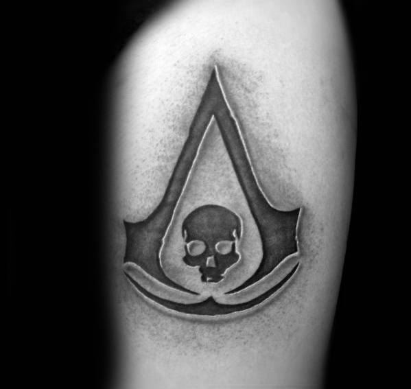 Skull With 3d Letter A Assassins Creed Guys Arm Tattoo