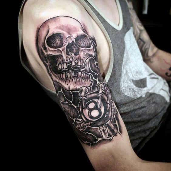 Skull With 8 Ball Male Arm Tattoo Design Inspiration