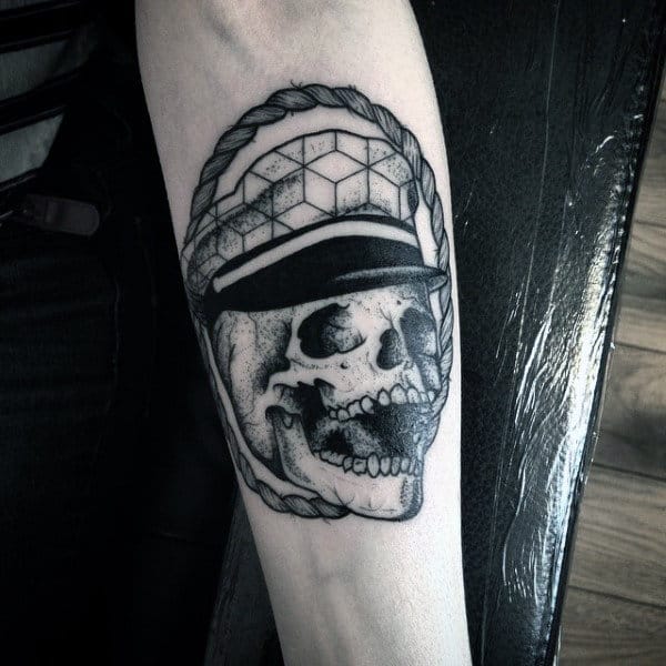 Skull With A Hat And Rope Tattoo Male Arms