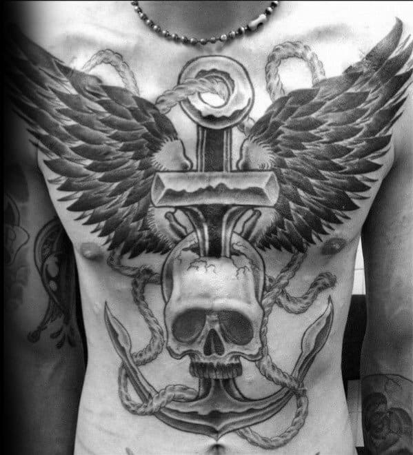 Skull With Anchor And Wings Guys Full Chest Tattoos
