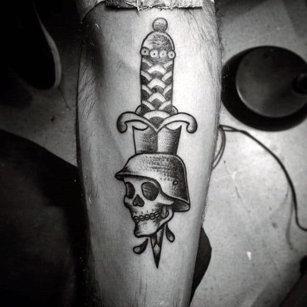 Skull With Army Helmet And Dagger Guys Traditional Forearm Tattoos