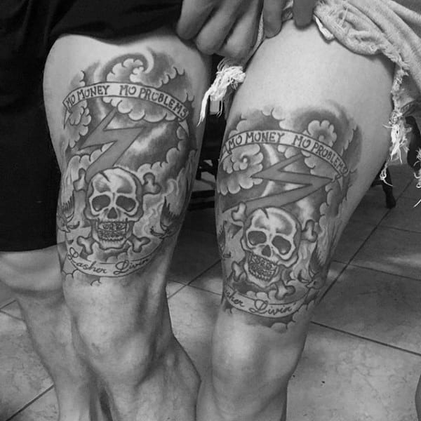 skull with banner guys brother thigh tattoos