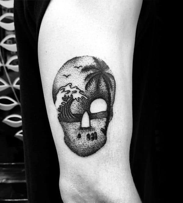 Skull With Beach Landscape Guys Arm Tattoo