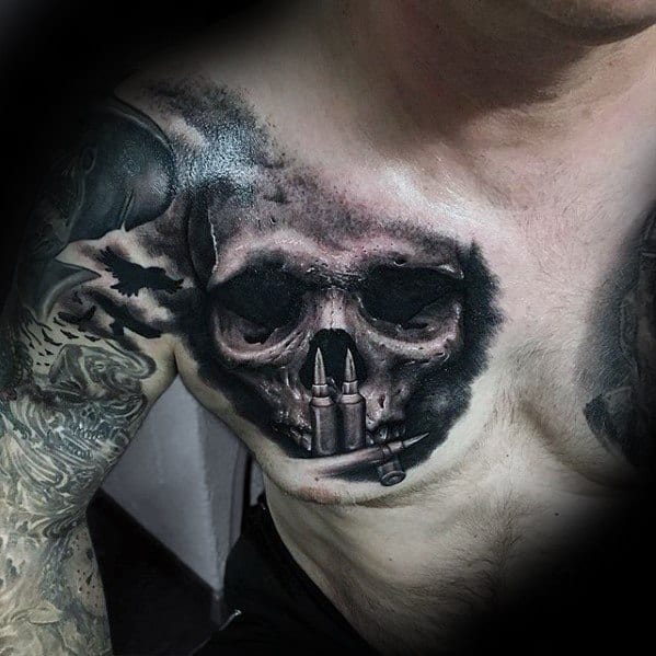 Skull With Billets Unique Chest Tattoos For Men