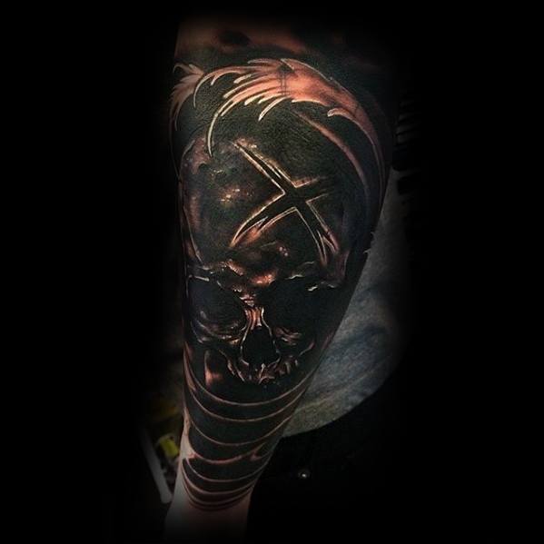 Skull With Black Dark Ink Tattoo Cover Up Forearm Sleeve For Men