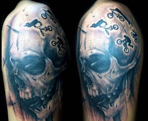 Skull With Bmx In Air Tricks Mens Upper Arm Shaded Tattoos