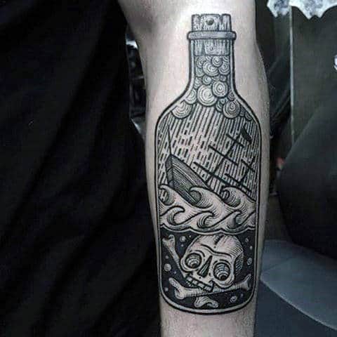Skull With Bones Ship In A Bottle Woodcut Male Tattoos