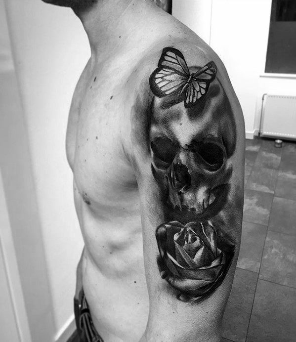 Skull With Butterfly And Rose Flower Mens 3d Arm Tattoos