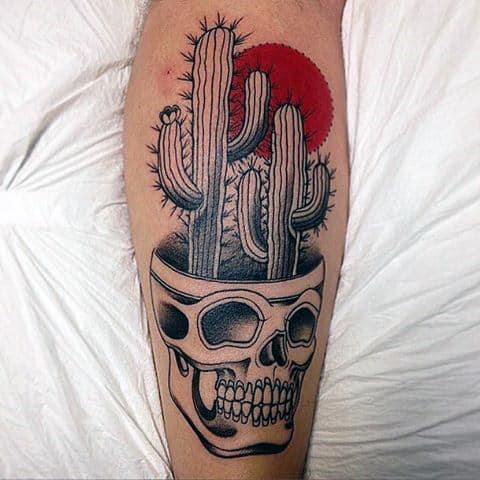 Skull With Cactus And Red Sun Mens Tattoos