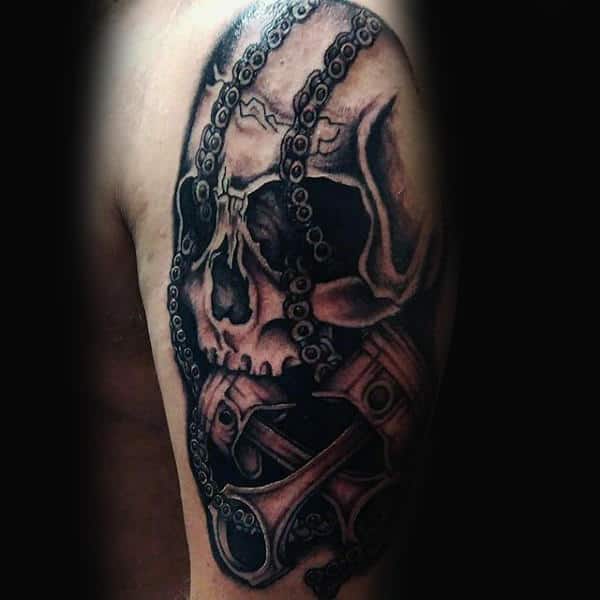 Skull With Chains Biker Guys Upper Arm Tattoos