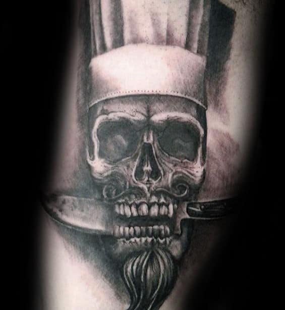 Skull With Chef Knife In Teeth Mens Arm Tattoos