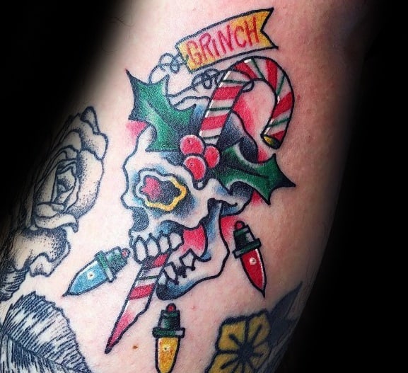 Skull With Christmas Lights Grinch Tattoo Ideas For Men