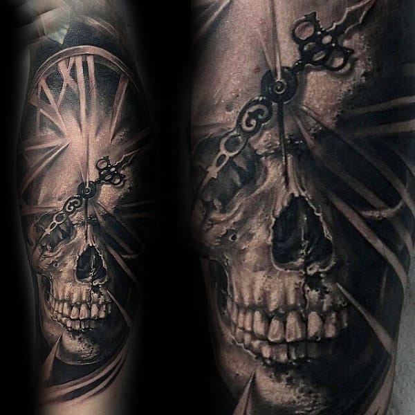 Skull With Clock 3d Modern Tattoo On Male
