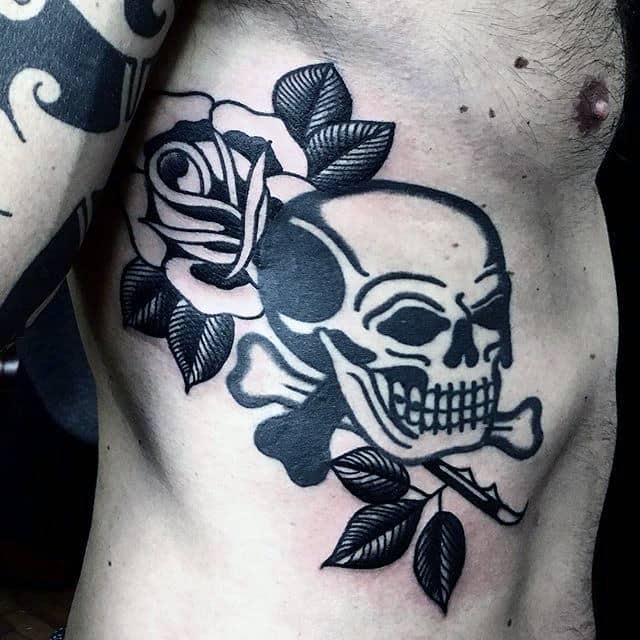 Skull With Cross Bones Male Black Rose Rib Cage Side Tattoo
