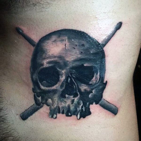 Skull With Crossed Drum Sticks Guys Ribs Tattoo
