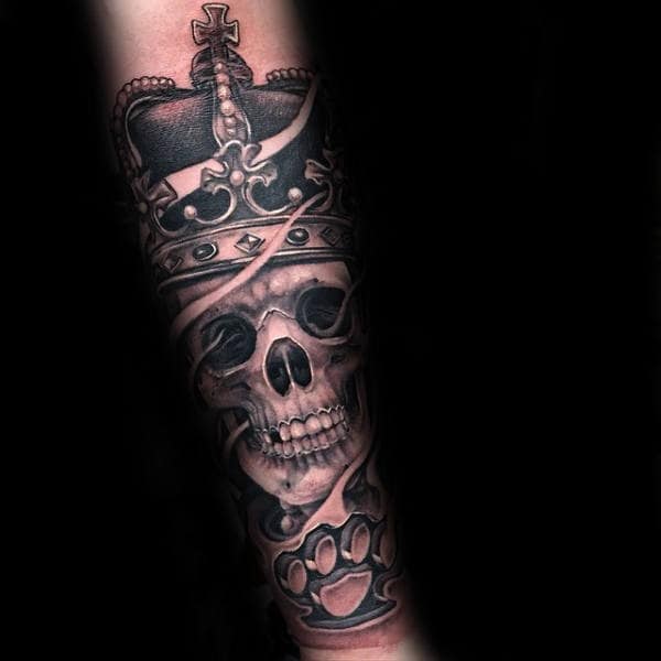 Skull With Crown And Brass Knuckles Mmale Forearm Tattoo Sleeves