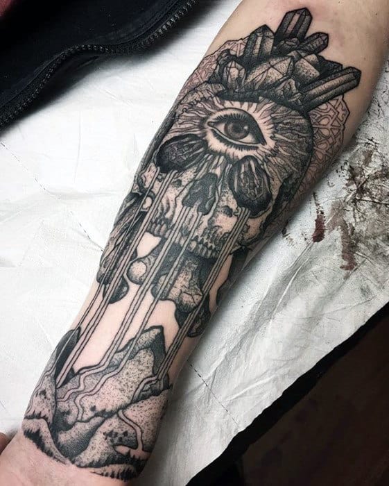 Skull With Crystal Guys Inner Forearm Tattoo