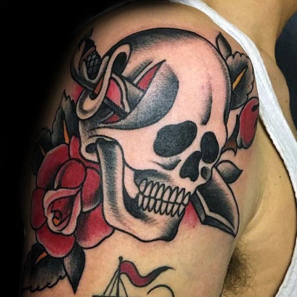 Skull With Dagger And Flower Mens Traditional Upper Arm Tattoo