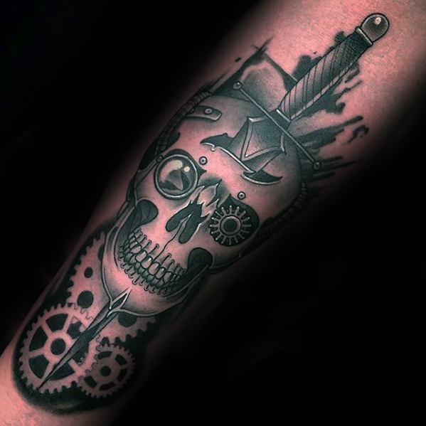 Skull With Dagger And Gears Unique Forearm Male Tattoos