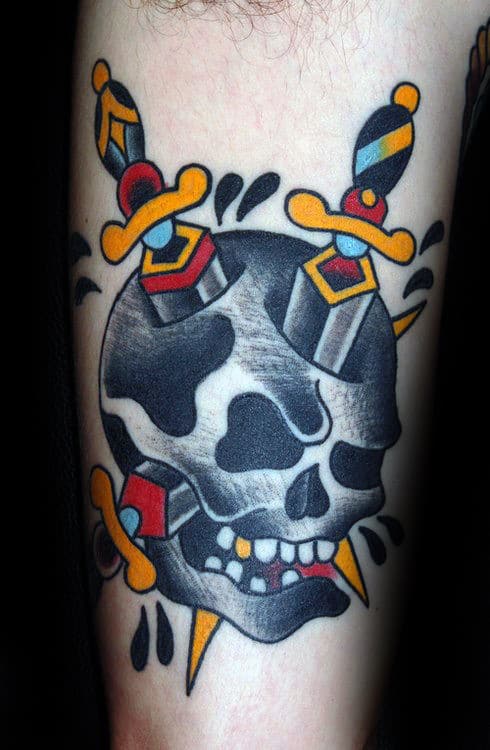 Skull With Daggers Mens Traditional Forearm Tattoos