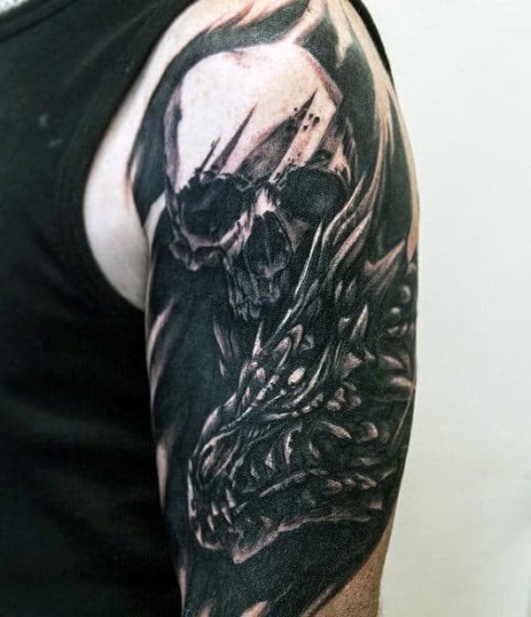 Skull With Dragon Male Arm Tattoos