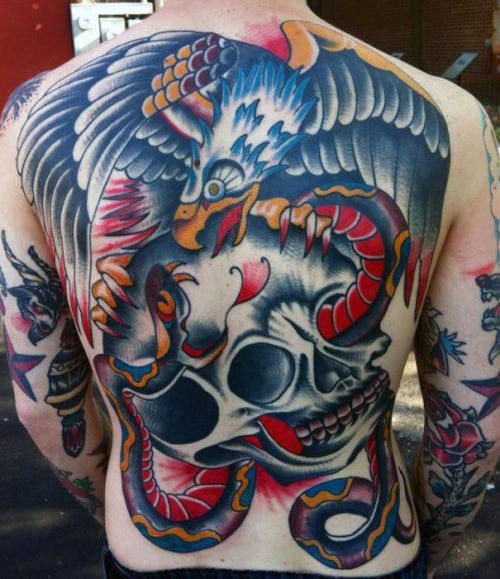 Skull With Eagle And Snake Traditional Male Back Tattoos