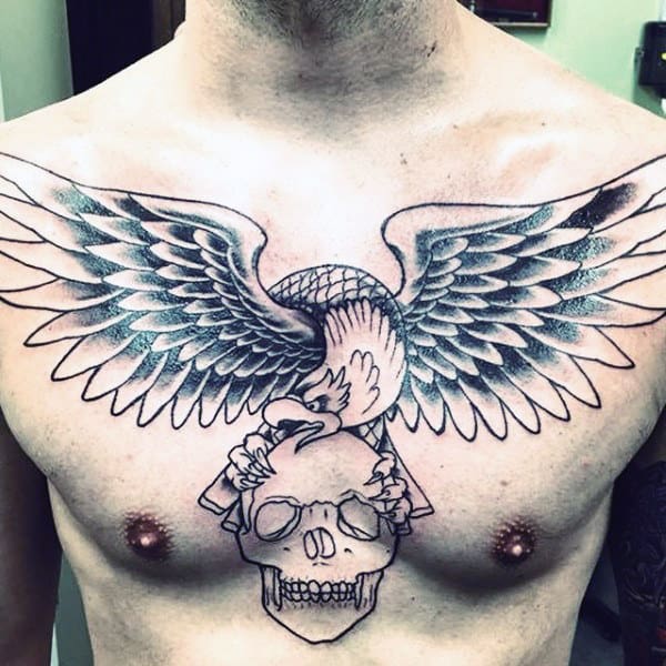 Skull With Eagle Guys Old School Upper Chest Tattoos